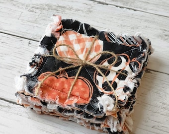 Fall Pumpkin Coaster Set Reversible, Set of 4, Rag Quilted, Seasonal, Halloween, Fabric, Table Decor, Washable, Farmhouse,Orange Polka Dot
