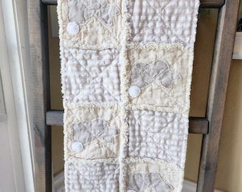 Boho Easter Bunny Table Runner, Rustic Neutral Spring Farmhouse Table Decor, Centerpiece, Seasonal, Rag-quilted Table Runner, Vintage look