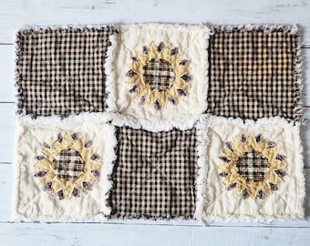 Primitive Fall Sunflower Placemats, Rustic Fall Farmhouse Table Decor, Centerpiece, Seasonal, Rag-quilted Runner, Fall Decor Thanksgiving