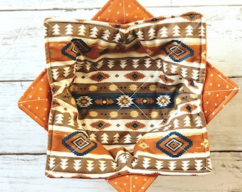Boho Bowl Cozies Set of 2 Aztec Western, Reversible Bowl Cozy, Hot Bowl Holder, Soup Cozy, Housewarming Gift, Southwestern, Rustic, Rust Geo