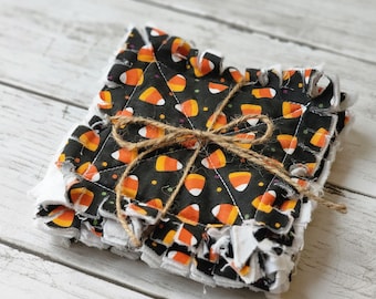 Fall Candy Corn Coaster Set Reversible, Set of 4, Rag Quilted, Seasonal, Fabric, Table Decor, Halloween, Washable, Farmhouse, Stripes