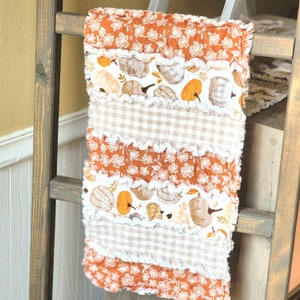 Fall Pumpkin Table Runner, Neutral Plaid, Seasonal Farmhouse Centerpiece, Fall Decor, Rag quilted Table Runner, Autumn, Pumpkins, Rust