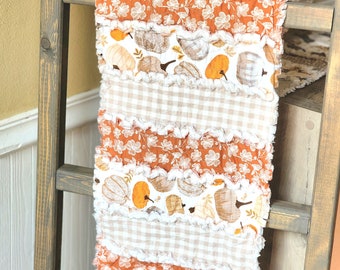 Fall Pumpkin Table Runner, Neutral Plaid, Seasonal Farmhouse Centerpiece, Fall Decor, Rag quilted Table Runner, Autumn, Pumpkins, Rust