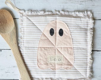 Boho Pot Holder Halloween Ghost Set of 2, Rag Quilted Trivet, Seasonal Boo Ghostie, Pot Holders, Farmhouse Ticking Stripe Fabric, Neutral