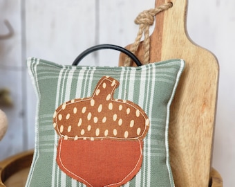 Fall Acorn Mini Pillow for Tiered Tray, Farmhouse Dough Bowl Decor, Seasonal Bowl Filler, Rustic Small Home Decor, Sage Plaid, Autumn
