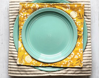 Mustard Floral Plate Cozies, Ticking stripe Set of 2 reversible, hot cold plate holder, cozy, Fall, microwave safe, Woodland Floral, Spring