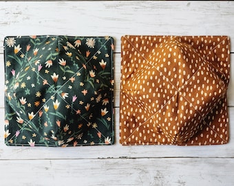 Floral Bowl Cozies Set of 2 Reversible, Forest Green Woodland, Boho Neutral, Brown Dots, Microwave Safe, Hot and Cold Bowl Holder, Bowl Cozy