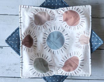 Boho Sun Bowl Cozies Set of 2 Reversible, Nature, Blue Polka Dot, Microwave Safe, Hot Bowl Hugger, Farmhouse Soup Bowl Cozy, Hostess Gift