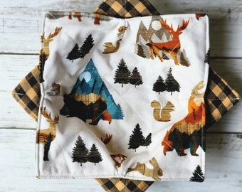 Bowl Cozies Set of 2 Reversible, Woodland, Camping, Outdoors, Boho, Homespun, Buffalo Check, Microwave Safe, Hot Cold Bowl Holder, Bowl Cozy