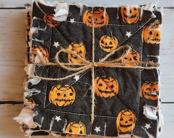 Fall Pumpkin Coaster Set Reversible, Halloween Jack O Lantern, Plaid, Set of 4, Rag Quilted, Seasonal, Fabric, Table Decor, Washable
