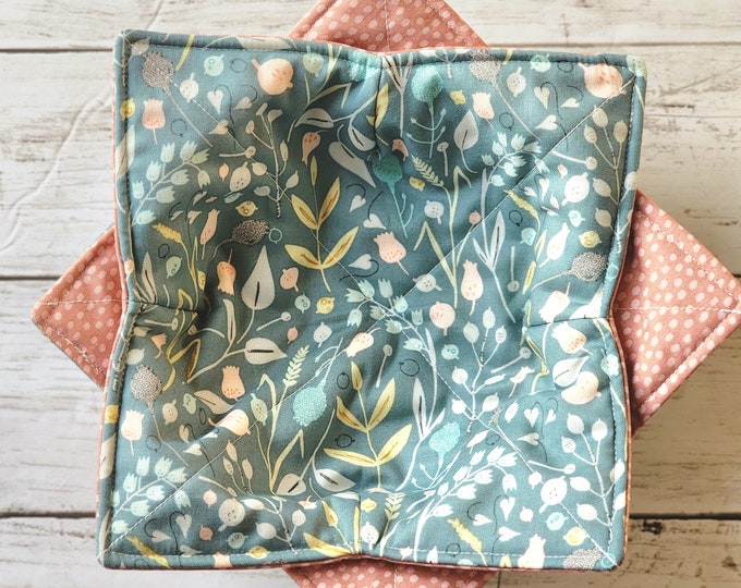Bowl Cozies Set Sage Floral, Reversible, Boho, Soup Bowl Cozy, Set of 2, Microwave Safe, Farmhouse Hot Cold Bowl Holder, Housewarming Gift