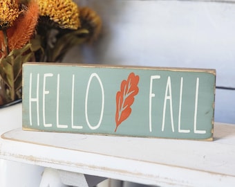 Hello Fall Wood Tiered Tray Mini Sign, Seasonal Farmhouse Shelf Sitter, Autumn Home Decor, Small Filler Signs, Sage Green, Rust, Gift