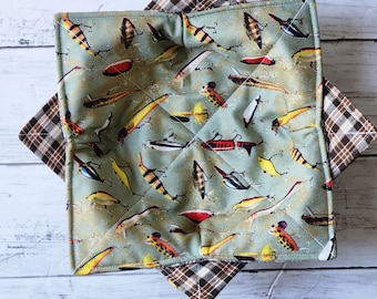 Fishing Lure Bowl Cozies Set of 2, Fish Fabric, Outdoors, Homespun Plaid, Gift for Men, Microwave Safe, Hot Cold Bowl Cozy, Soup Bowl Hugger