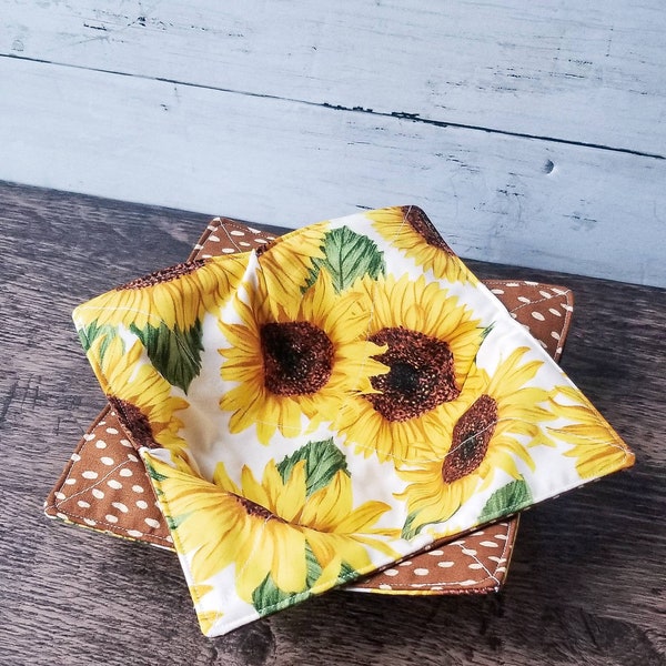 Fall Sunflower Bowl Cozy Set, Reversible Bowl Cozies, Summer, Farmhouse, Seasonal, Gift, Set of 2, Floral, Rustic