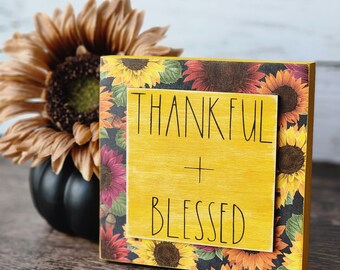 Fall Thankful + Blessed Wood Sign Tiered Tray Decor, Mini Sign, Shelf Sitter, Sunflowers, Seasonal Decor, Gift, Small Sign, Farmhouse
