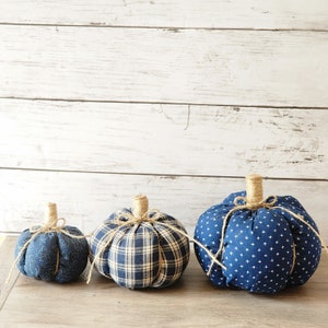 Fall Fabric Pumpkins, Stuffed Pumpkin, Tiered Tray Seasonal Decor, Plaid Pumpkins, Navy Blue Fall Decor, Farmhouse Centerpiece, Set of 3