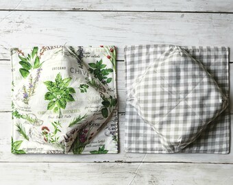 Bowl Cozies Set of 2, Summer, Garden, Farm, Herbs, Reversible, Microwave Safe, Hot Cold Bowl Holder, Soup Bowl Cozy, Buffalo Plaid, Gift
