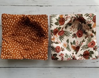 Bowl Cozies Set Floral Mauve Sage, Reversible, Boho Neutral, Soup, brown dots, Set of 2, Microwave Safe, Hot and Cold Bowl Holder, Bowl Cozy
