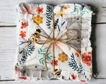 Floral Bees Coaster Set of 4, Reversible Raggy, Summer, Navy Plaid, Rag-Quilted, Quilted, Gift Set