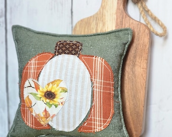 Fall Pumpkin Mini Pillow for Tiered Tray, Farmhouse Dough Bowl Decor, Seasonal Bowl Filler, Rustic Small Home Decor, Orange Plaid, Sunflower