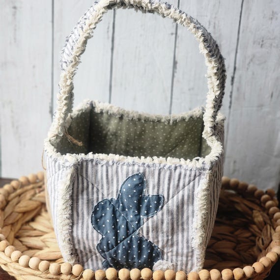 Quilted Boho Easter Bunny Basket, Washable Fabric Baskets, Neutral Easter Decor, Gift for Boy, Girl Gift, Collapsible, Appliqued Bunnies
