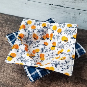 Bowl Cozies Set of 2, Oranges with leaves and navy plaid fabric, farmhouse, summer soup bowl cozy, reversible bowl hugger