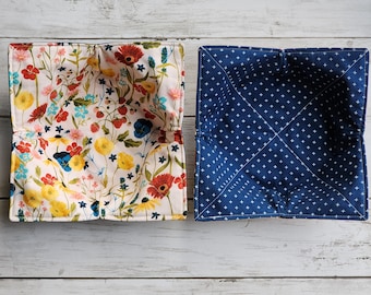Floral Bowl Cozies Set of 2 Reversible, Strawberries, Wildflowers, Navy Geo, Microwave Safe, Hot Cold Bowl Holder, Soup Bowl Cozy, Seasonal