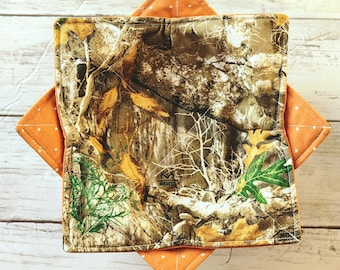 Camo Bowl Cozies Set of 2 Reversible, Forest, Woodland, Hunting, Outdoors, Orange Dots, Microwave Safe, Hot and Cold Bowl Holder, Bowl Cozy