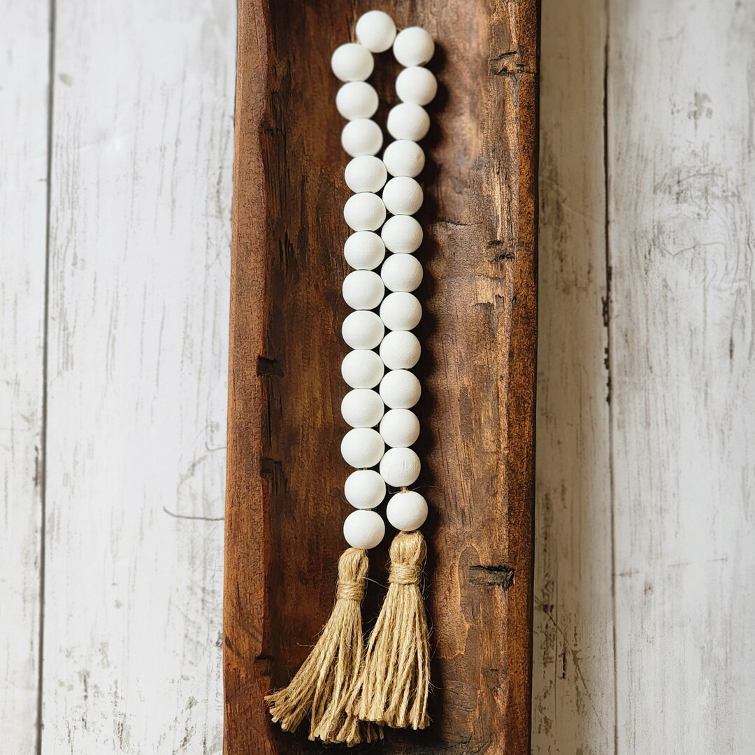 Farmhouse Wood Bead Garland, Bright White Boho Beads, Chunky Wood Bead ...