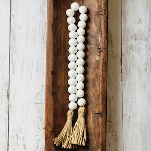 Farmhouse Wood Bead Garland, Bright White Boho Beads, Chunky Wood Bead Strand Tassels, Tiered Tray Home Decor, 20mm, Everyday Decor
