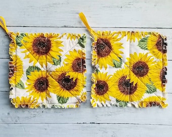 Fall Sunflower Pot Holder Set of 2, Rag Quilted, Raggy, Trivet, sunflowers, Summer, Seasonal Farmhouse