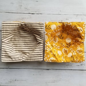 Mustard Floral Bowl Cozies, Ticking stripe Set of 2 reversible, hot and cold bowl holder, cozy, Fall, microwave safe, Woodland Floral, Soup