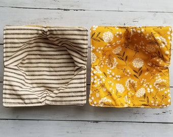 Mustard Floral Bowl Cozies, Ticking stripe Set of 2 reversible, hot and cold bowl holder, cozy, Fall, microwave safe, Woodland Floral, Soup