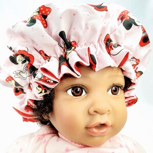 Age 3-7| RED Minnie Mouse Character Kids Comfortable & Lined Satin Bonnet, Sleep Cap Hair Protection, Girl's Night Hat, Curly Frizz Control