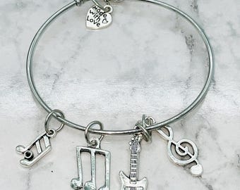 Stainless Steel Adjustable Music Charm Bangle Bracelet | Musician Gift | Treble Clef, Guitar, Note Charms | Music Teacher Appreciation