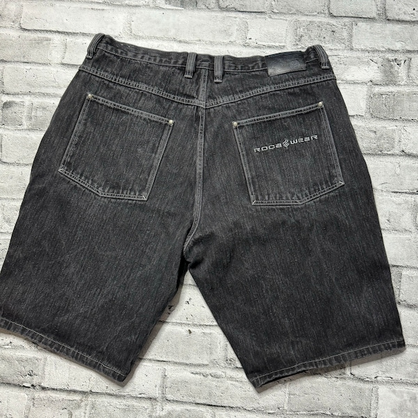 Vintage Rocawear Dark Black Wash Jean Shorts Baggy Wide Leg Y2K Hip Hop Men's 42