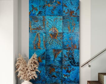 Oxidized Copper Panel Wall Art: Southwestern Blue Patina, 36"x60" Statement Piece