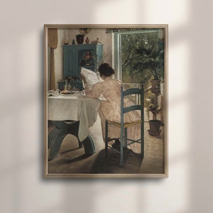 Antique Portrait of Woman Reading, Vintage Breakfast Scene Art, Neutral Toned Wall Decor, Classic Oil Painting Reproduction, C16-1151