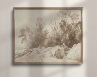 Antique Sepia Landscape Watercolor Painting: Neutral Home Decor