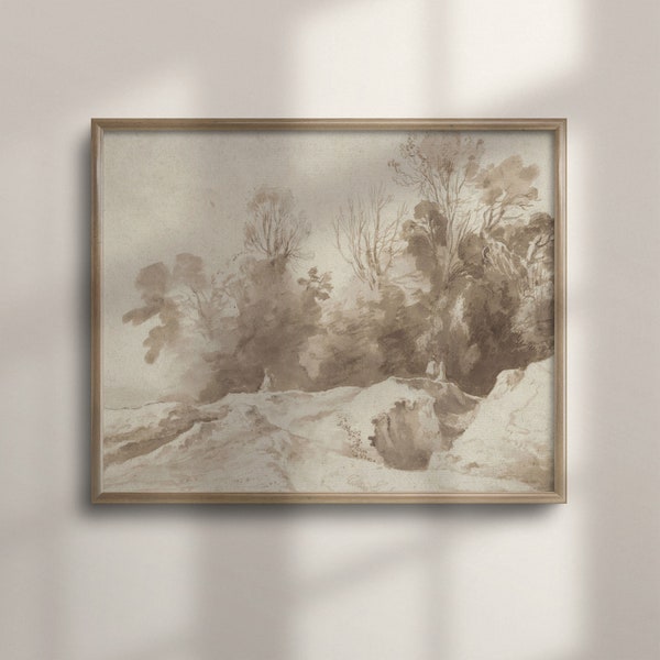 Antique Sepia Landscape Artwork, Neutral Wall Decor, Vintage Watercolor Painting, Sepia Ink Art, Classic Neutral Home Decor, C16-266