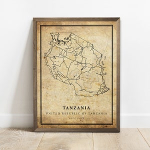 Tanzania vintage map poster print, country street road map wall art, country gifts, country map print, C15-133