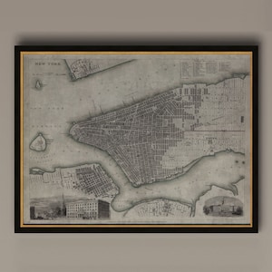 New York City Karte, Vintage Karte von Manhattan Island, Vintage Wandkunst, Wohndekor, gerahmte Optionen verfügbar, Circa 19th C., AM72