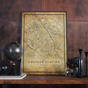 Póster de mapa vintage de College Station, arte de pared, impresión de arte urbano, decoración del hogar antigua, rústica y de estilo antiguo, impresiones de Texas, regalo, VM255