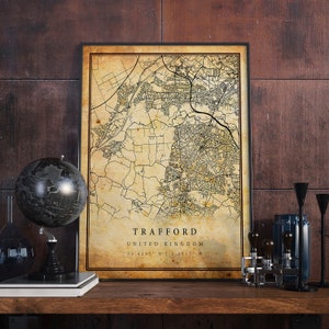 Trafford Vintage Karte Poster Wandkunst | Stadt Kunstwerk Druck | Antike, rustikale, alte Wohnkultur | Vereinigtes Königreich Drucke Geschenk | M510