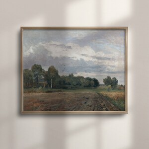 Antikes Landschafts-Ölgemälde, ruhige bewölkte Landschaft, Vintage rustikales Bauernhaus-Wand-Dekor, Kunstdrucke, C16-659