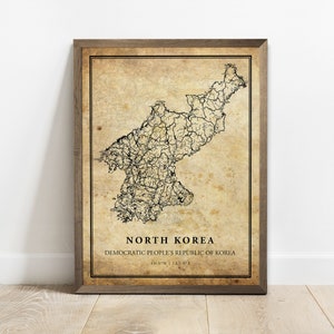 Impression d'affiche de carte vintage de Corée du Nord, art de mur de carte de route de rue de pays, carte de pays, décor de pays, C15-31