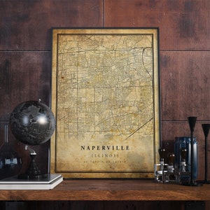 Póster de mapa vintage de Naperville, arte mural, impresión de arte urbano, decoración del hogar antigua, rústica y de estilo antiguo, impresiones de Illinois, regalo, VM177