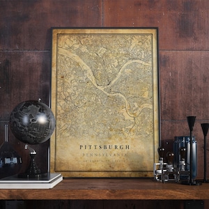 Póster de mapa vintage de Pittsburgh, arte de pared, impresión de arte urbano, decoración del hogar antigua, rústica y de estilo antiguo, impresiones de Pensilvania, regalo, VM63