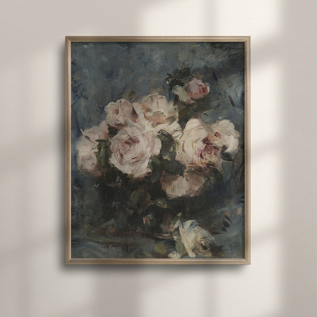 Victorian Pink Roses Still Life Painting: Vintage Cottagecore Wall Art ...