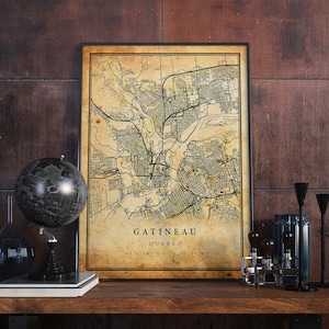 Affiche vintage de carte de Gatineau | Impression d'oeuvres d'art de la ville | Décoration d'intérieur antique, rustique et de style ancien | Cadeau d'estampes du Québec | M325